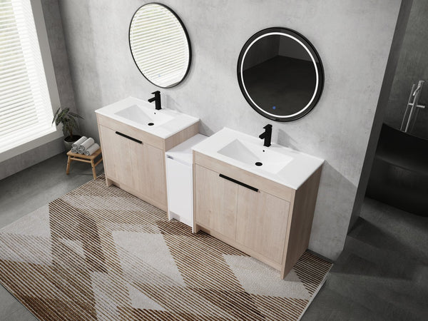 English Elm 84 Inch Freestanding Bathroom Vanity with Integrated Resin Sink, Soft-Close Doors, Shelves & Extra Storage Space Glossy White,Plain Light Oak W999S00320