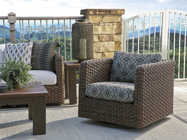 Lexington Tommy Bahama Outdoor 3350-11sg-40 Swivel Glider Lounge Chair - Artisan Crafted, All-weather Wicker, Teak Top, Deep Espresso Finish  Wood 3350-11sg-40