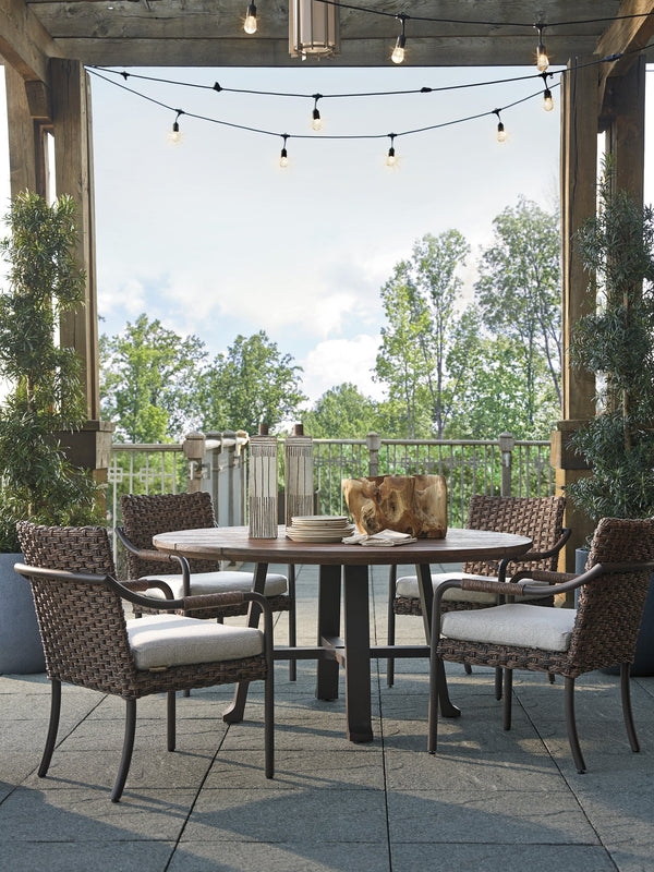 Lexington Tommy Bahama Outdoor 3350-13-40 Arm Dining Chair - Artisan Crafted, All-weather Wicker, Teak Top & Elegant Espresso Finish  Wood 3350-13-40