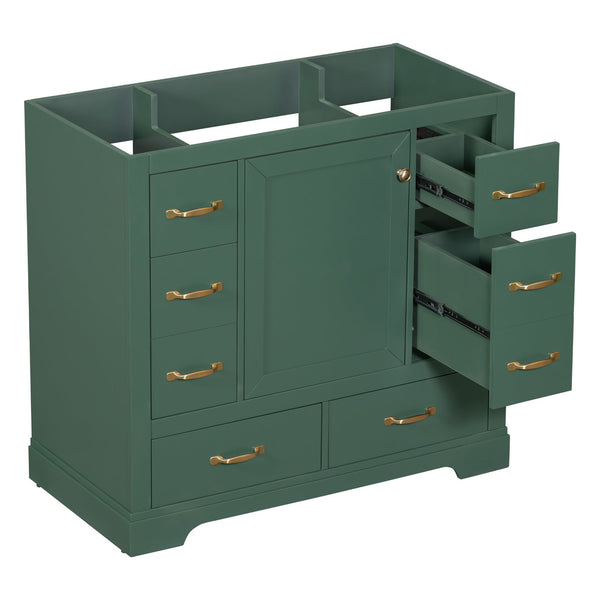 English Elm 36" Modern Bathroom Vanity Cabinet Base with Six Drawers, Adjustable Shelf & Drawer Organizer Green WF307973AAF