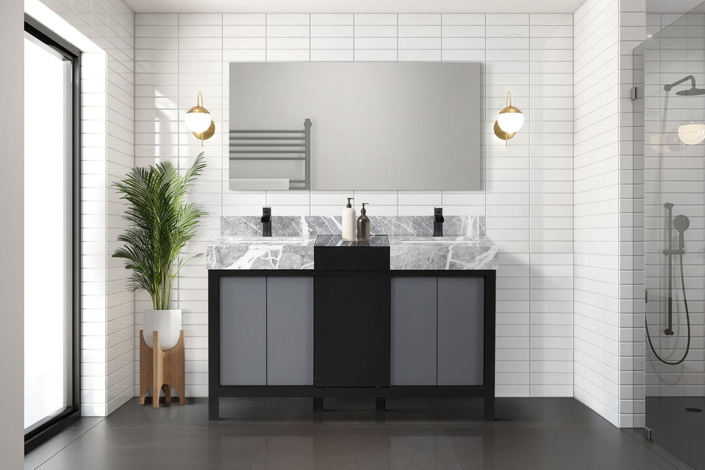 English Elm Black Double Bath Vanity Set With Castle Grey Marble Top, Matte Black Faucet & Large Mirror Included B2731S01027
