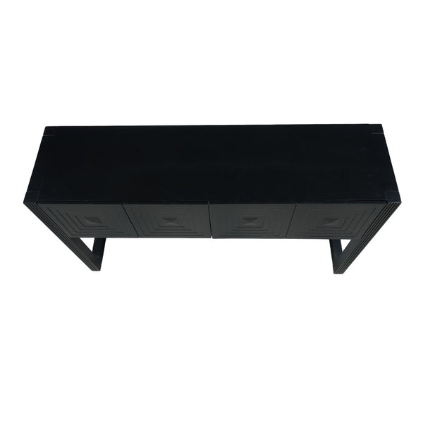 English Elm [video] Art Deco Console Table Geometric Carved Fronts Fluted Legs 3 Soft-close Drawers Black N759P433572B