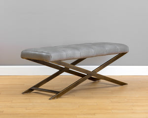 Sunpan Kammi Elegant Modern Bench with Antique Brass X-Base and Channel Tufting for Timeless Style Bravo Metal