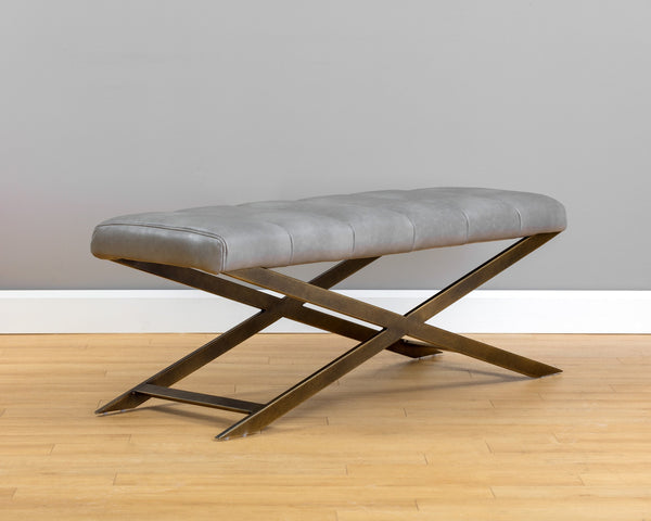 Sunpan Kammi Elegant Modern Bench with Antique Brass X-Base and Channel Tufting for Timeless Style Bravo Metal