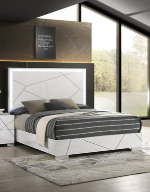 English Elm 1Pc King Size Bed With Led-Lit Headboard - High-Gloss White Modern Design For Luxurious Bedrooms B2741S00600