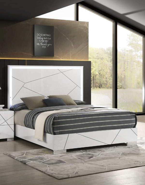 English Elm 1Pc Queen Size Bed - Modern High-Gloss White Finish With Led-Lit Headboard For Stylish Bedrooms B2741S00599