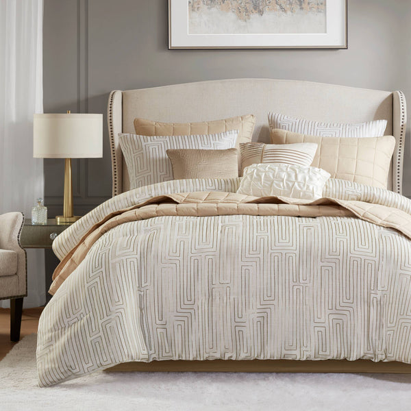 English Elm 10 Luxury Jacquard Cal King Comforter Set with Quilt, Bed Skirt & Decorative Pillows — Plush Polyester Fill Ivory 23.62 L x 18.9 W x 15.75 H B035P319218