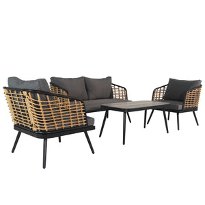 English Elm 4 Piece Patio Rattan Set with High-Rebound Cushions and Wood-Grain Tempered Glass Tabletop, Stylish Outdoor Conversation Sofa for Garden Balcony Poolside Black+Natural W2337S00003