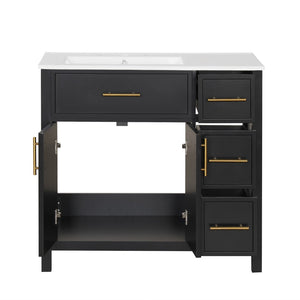 English Elm 36" Matte Freestanding Bathroom Vanity Solid Wood Cabinet Ceramic Sink Three Drawers Black N725P364205B