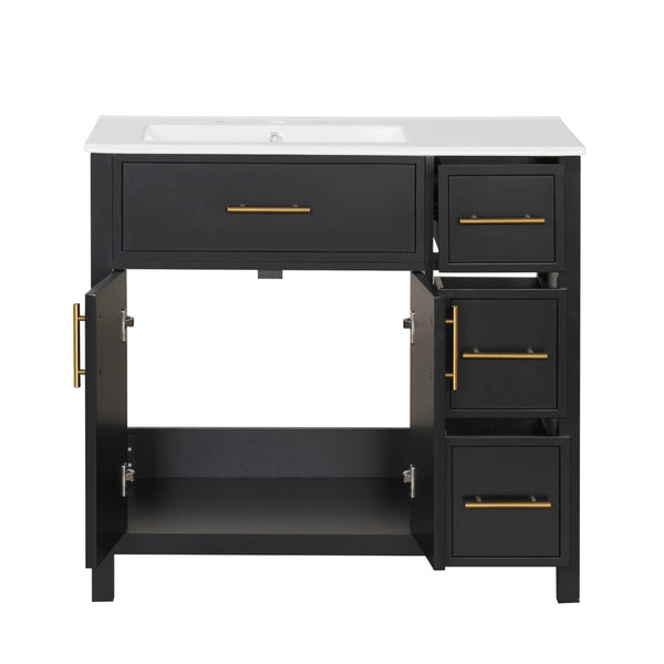 English Elm 36" Matte Freestanding Bathroom Vanity Solid Wood Cabinet Ceramic Sink Three Drawers Black N725P364205B