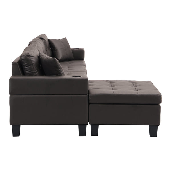 English Elm Sectional PU Sofa Set with L-Chaise, Built-In Cup Holders, Thick Foam Cushions, Modern 4-Seater Comfort Dark Brown 57.87 L x 28.35 W x 12.99 H W2297S00004