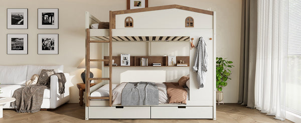 English Elm Twin Xl Solid Pine Loft Bed with Built-in Led Lighting and Storage Shelves W1580S00390