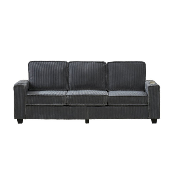 English Elm 84.25-inch Corduroy Three Seater Sofa with Cup Holders Modern Minimalist Living Room Couch Gray W288P399979