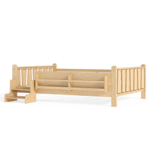 English Elm Twin Pine Floor Bed with Guardrails Built-in Bookcases and Stair Steps for Kids W1580P430186