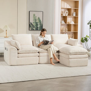 English Elm L Shaped Corduroy Modular Sectional with Cloud Cushions Footstool and Lumbar Pillows Beige W395S00141