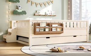 English Elm Twin Kids Platform Bed with Trundle Staircase Bookshelf and Rounded Safety Rails Beige W1580S00559