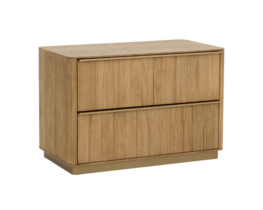 Sunpan KALLA Nightstand - Large Rustic Oak with Textured Vertical Reeding & Sleek Gold Steel Base Design 112408