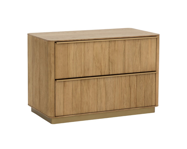 Sunpan KALLA Nightstand - Large Rustic Oak with Textured Vertical Reeding & Sleek Gold Steel Base Design 112408