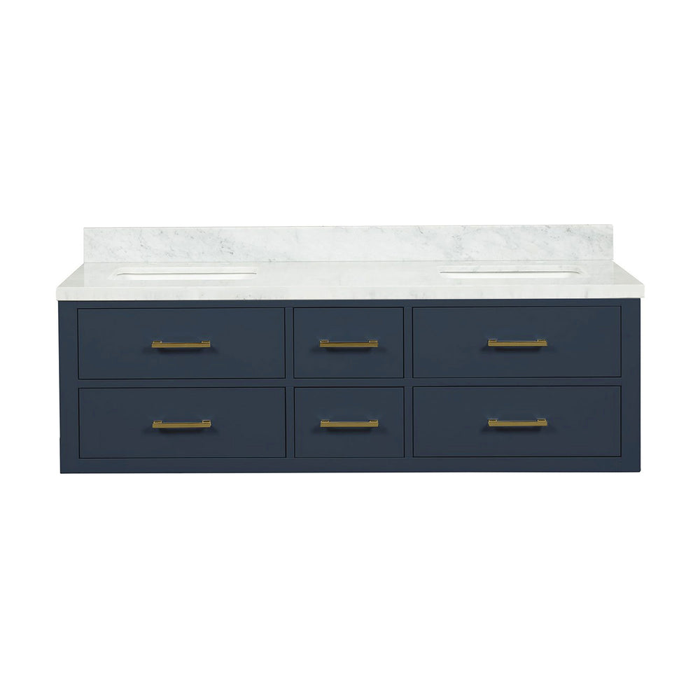 English Elm Blue Double Bath Vanity 60 in W x 22 in D with Carrara Marble Top, Solid Wood Frame, Soft-Close Drawers B2731P258042