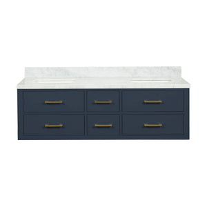 English Elm Blue Double Bath Vanity 60 in W x 22 in D with Carrara Marble Top, Solid Wood Frame, Soft-Close Drawers B2731P258042