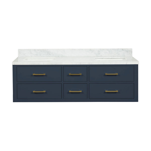 English Elm Blue Double Bath Vanity 60 in W x 22 in D with Carrara Marble Top, Solid Wood Frame, Soft-Close Drawers B2731P258042