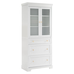 English Elm 70.1" Modern Tall Storage Cabinet with 3 Drawers, 2 Adjustable Shelves, Soft-Close Glass Doors, Gold Handles White N729P271979K
