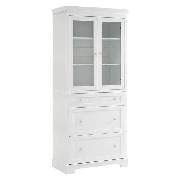 English Elm 70.1" Modern Tall Storage Cabinet with 3 Drawers, 2 Adjustable Shelves, Soft-Close Glass Doors, Gold Handles White N729P271979K