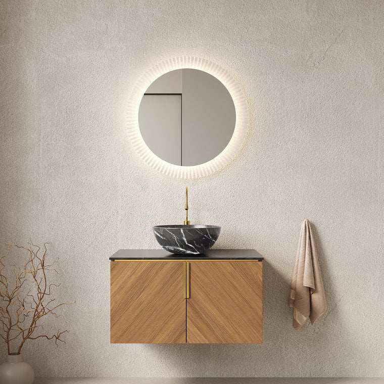 English Elm Arai 30" Floating Bathroom Vanity With Black Stone Countertop & Ceramic Basin, Elegant Oak Storage W2615S00261