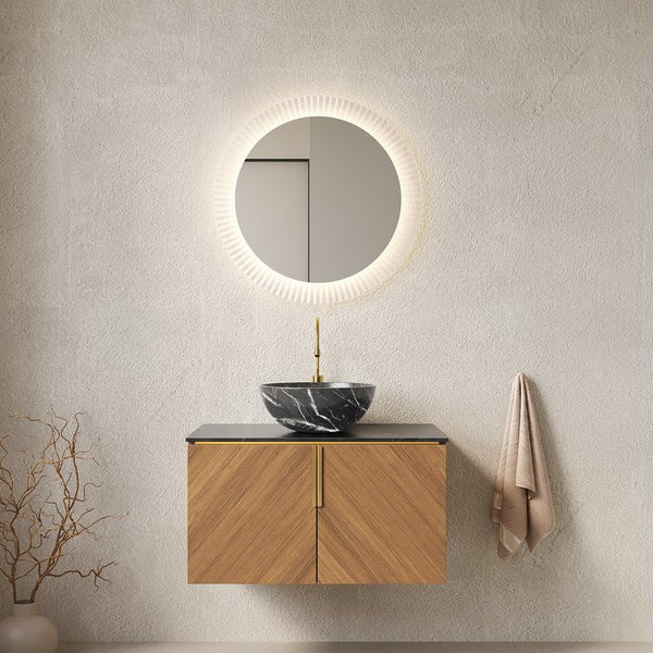 English Elm Arai 30" Floating Bathroom Vanity With Black Stone Countertop & Ceramic Basin, Elegant Oak Storage W2615S00261