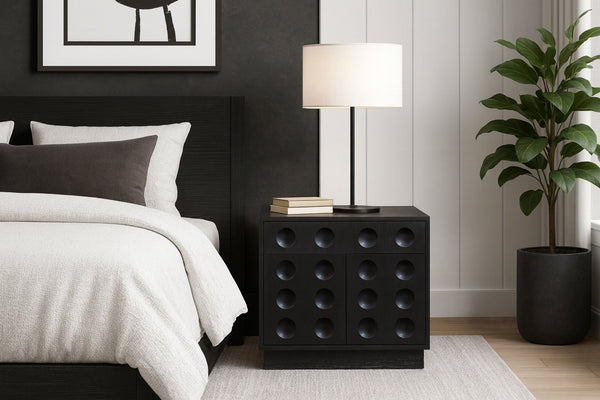 Meridian Furniture Compass Oak Veneer Nightstand with Art Deco Debossed Drawer Fronts for Modern Bedrooms Black 335Black-NS