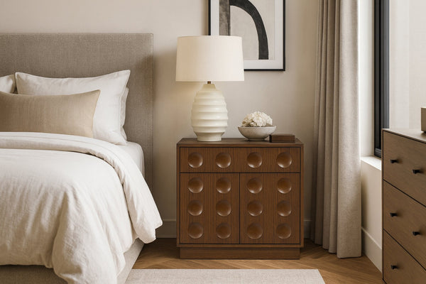 Meridian Furniture Compass Oak Veneer Nightstand with Art Deco Debossed Drawer Fronts for Modern Bedrooms Brown 335Brown-NS