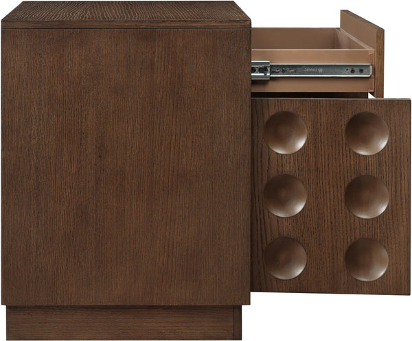 Meridian Furniture Compass Oak Veneer Nightstand with Art Deco Debossed Drawer Fronts for Modern Bedrooms Brown 335Brown-NS