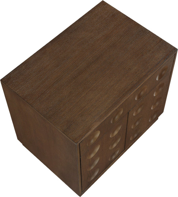 Meridian Furniture Compass Oak Veneer Nightstand with Art Deco Debossed Drawer Fronts for Modern Bedrooms Brown 335Brown-NS
