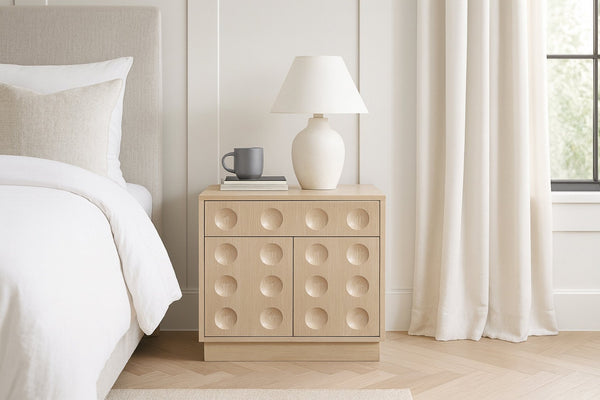 Meridian Furniture Compass Oak Veneer Nightstand with Art Deco Debossed Drawer Fronts for Modern Bedrooms Natural 335Natural-NS