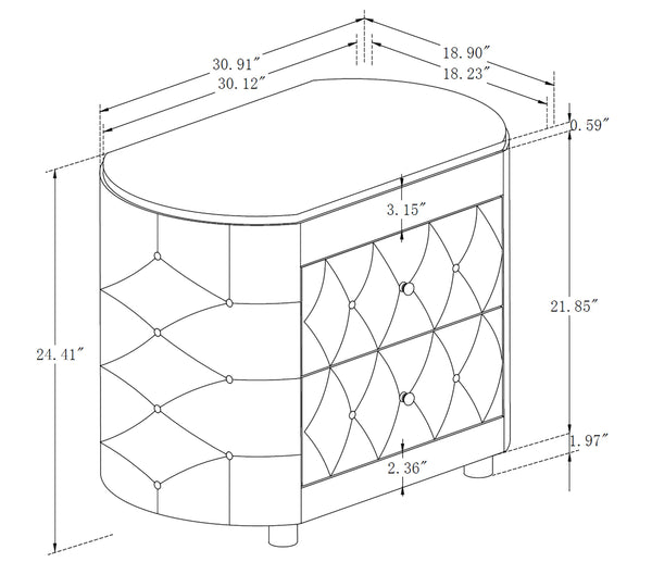 English Elm 1pc Black Velvet Nightstand with White Faux Marble Top, Button Tufted Oval Design, 2 Drawers, Crystal Pulls B2741P318961