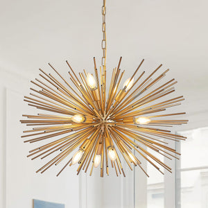 English Elm 29" Mid-Century Modern 12-Light Starburst Chandelier Gold Sputnik Pendant Fixture for Living Spaces W2312P368727