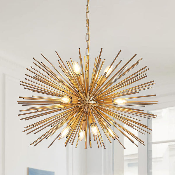 English Elm 29" Mid-Century Modern 12-Light Starburst Chandelier Gold Sputnik Pendant Fixture for Living Spaces W2312P368727