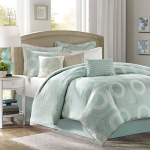 JLA Home Madison Park - 7 Jacquard Comforter Set in Seafoam Sage with Geometric Texture, Embroidered Pillows & Hotel-Style Finish 90 L x 90 W x 1.5H MP10-348
