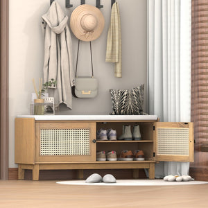 English Elm Trexm Bohemian Rattan Storage Bench Cushioned Seat Shoe Cabinet for Entryway N715P308012D
