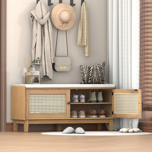 English Elm Trexm Bohemian Rattan Storage Bench Cushioned Seat Shoe Cabinet for Entryway N715P308012D