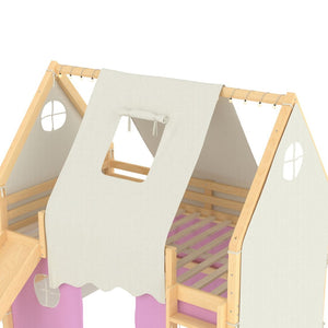 English Elm Full Size Pine Loft Bed with Slide Tent Panels Led Lights and Play Space Below W1580S00291