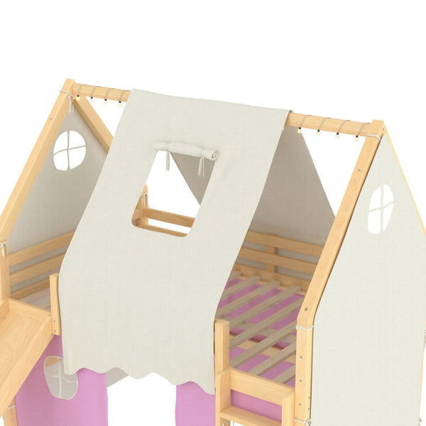 English Elm Full Size Pine Loft Bed with Slide Tent Panels Led Lights and Play Space Below W1580S00291