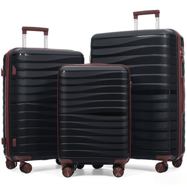 English Elm Premium Polypropylene Hard Shell Luggage Set Three Piece with Tsa Locks Spinner Wheels Black+Brown N726P460073B
