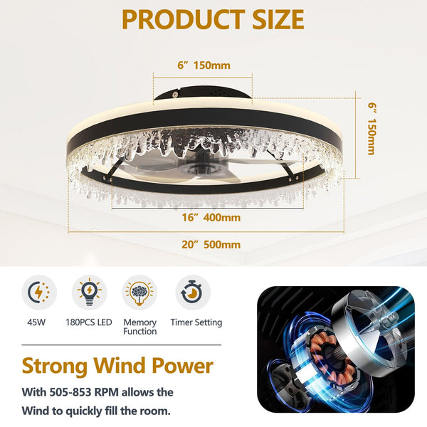 English Elm 20-inch Modern LED Ceiling Fan with Invisible Blades, Dimmable Crystal Light, Remote & App Control W2312P368699