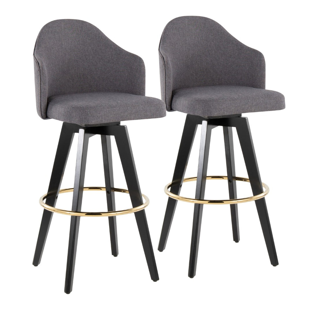English Elm Fixed-height Swivel Barstools Upholstered Grey Fabric Black Wood Legs Kitchen Set of 2 Black+Gery B202S01865