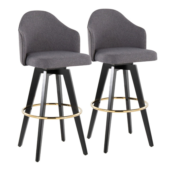English Elm Fixed-height Swivel Barstools Upholstered Grey Fabric Black Wood Legs Kitchen Set of 2 Black+Gery B202S01865
