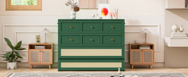 English Elm Full Size Murphy Wall Bed Cabinet with Rattan Panel Detailing and Storage Drawers Green N708P336203F