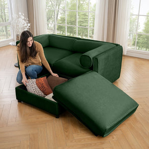 English Elm Stylish Green Chenille Loveseat With Ottoman Storage – Modern, Ergonomic, & Modular Design For Comfort W714S01058-GIGA