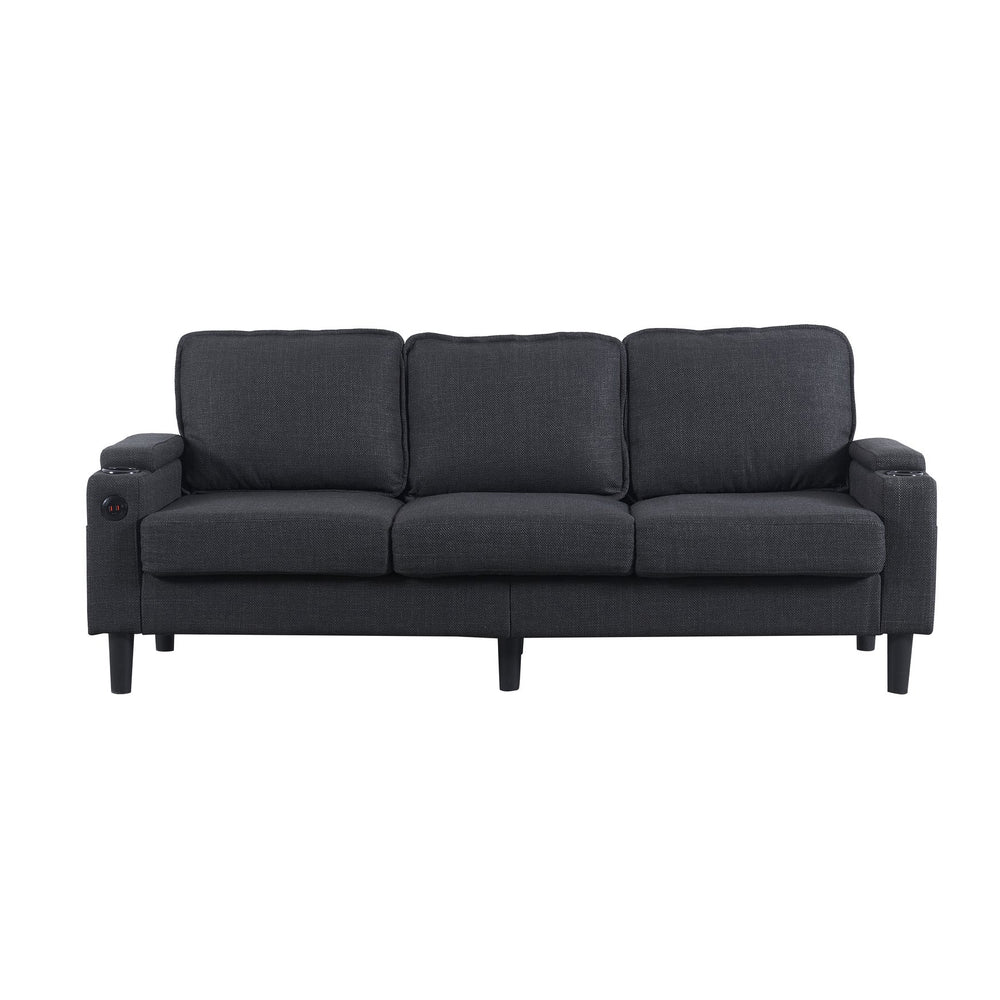 English Elm dark grey upgraded 3-seat combo sofa with storage ottoman, armrest pockets, USB ports, compact L-shape bench W2603P169692