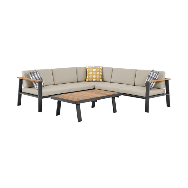 English Elm Ivano Outdoor Patio Sectional Set with Teak Accents, Weather‑Resistant Olefin Cushions & Durable Aluminum Frame Brown B2736S00014